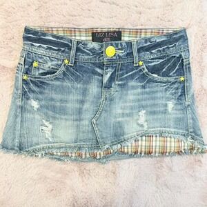 Liz Lisa Doll Denim Mini Skirt Y2K Low Rise Star Stud Distressed Womens S